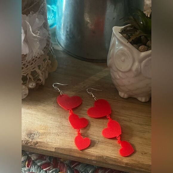 Handmade Red Heart Dangle Earrings 3-D printed on 925 sterling silver hooks - Picture 1 of 4
